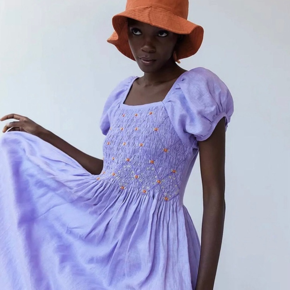 NWT TACH Linen-Cotton Shirring Floral Square Neckline Puff Sleeves Midi Dress XS